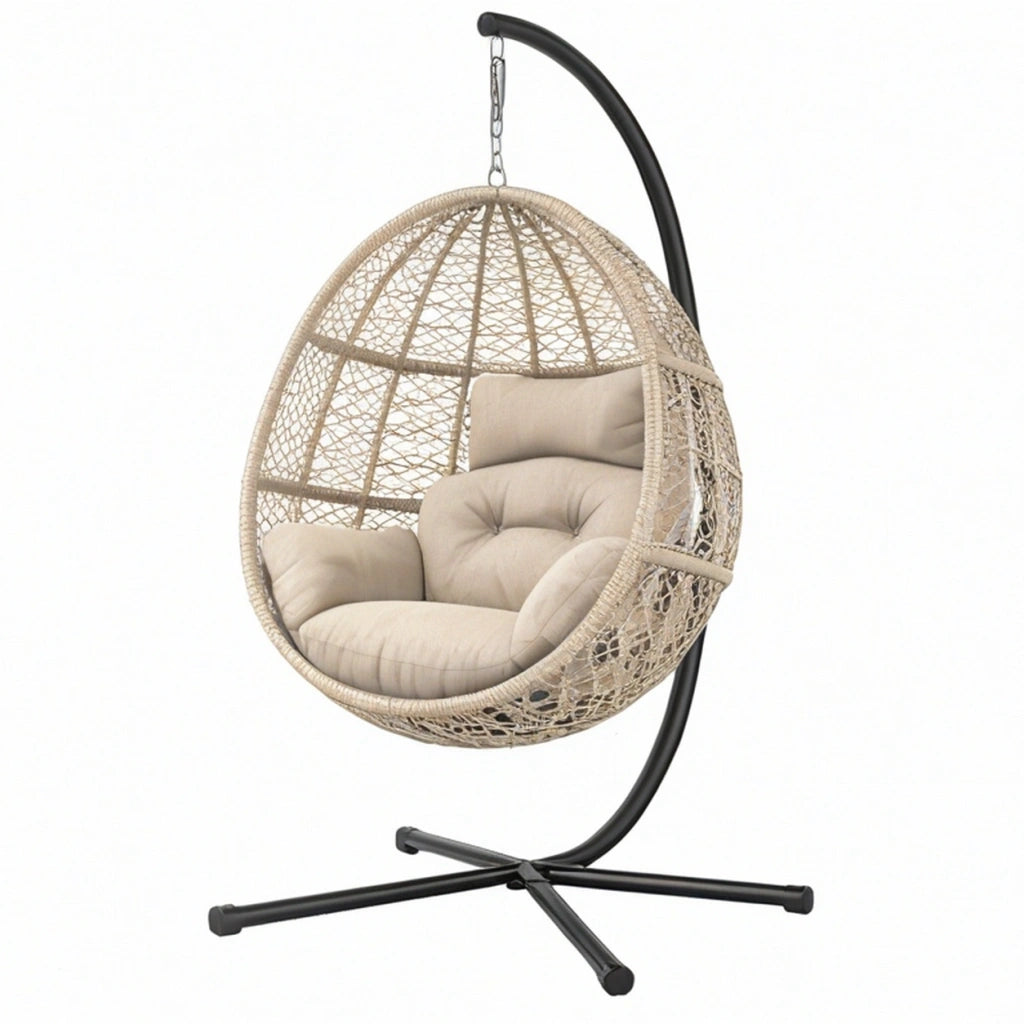 Poltrona sospesa 105 x 105 x 195 cm in rattan sintetico beige con supporto in acciaio stile boho