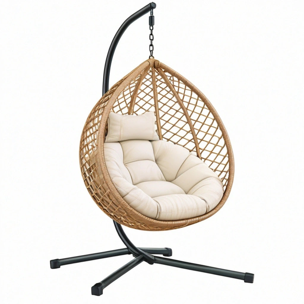 Poltrona sospesa 105 x 105 x 195 cm in rattan sintetico naturale con struttura in metallo nero per interno
