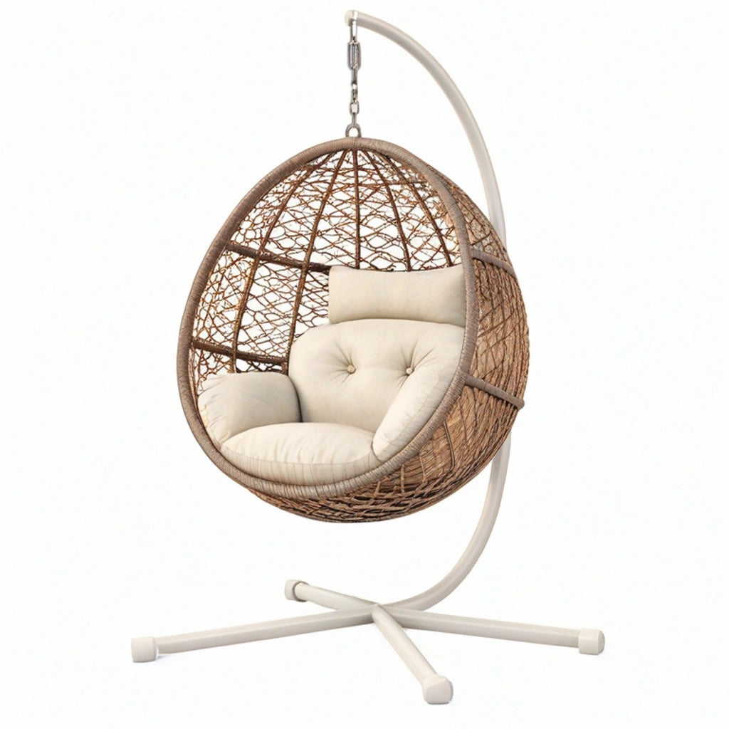 Poltrona sospesa da giardino 105 x 105 x 195 cm in fibra intrecciata marrone con supporto in acciaio bianco stile boho