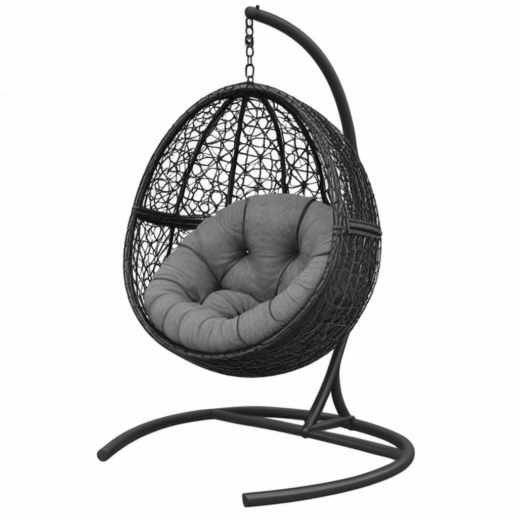 Poltrona sospesa 105 x 105 x 195 cm in metallo e fibra intrecciata nera con seduta imbottita stile bohémien