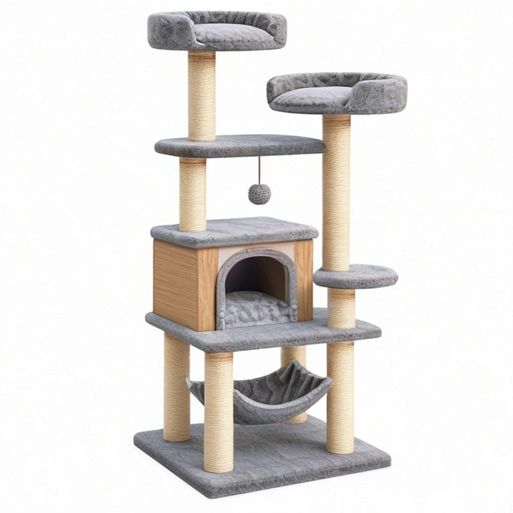 Albero tiragraffi per gatti 60 x 50 x 150 cm in legno grigio con colonne in sisal e cuccia