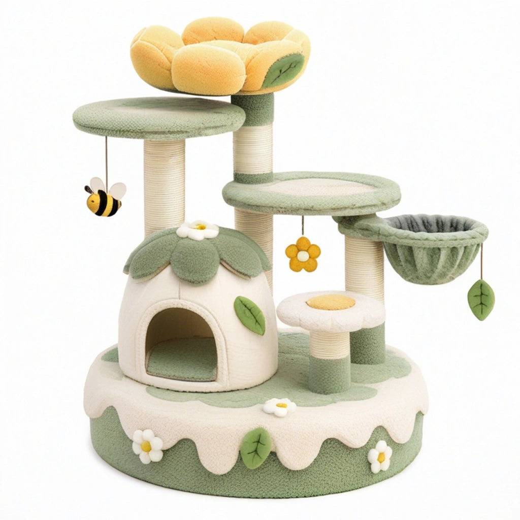 Tiragraffi per gatti diametro 60 cm altezza 105 cm in sisal e peluche verde/crema con cuccia e amaca floreale