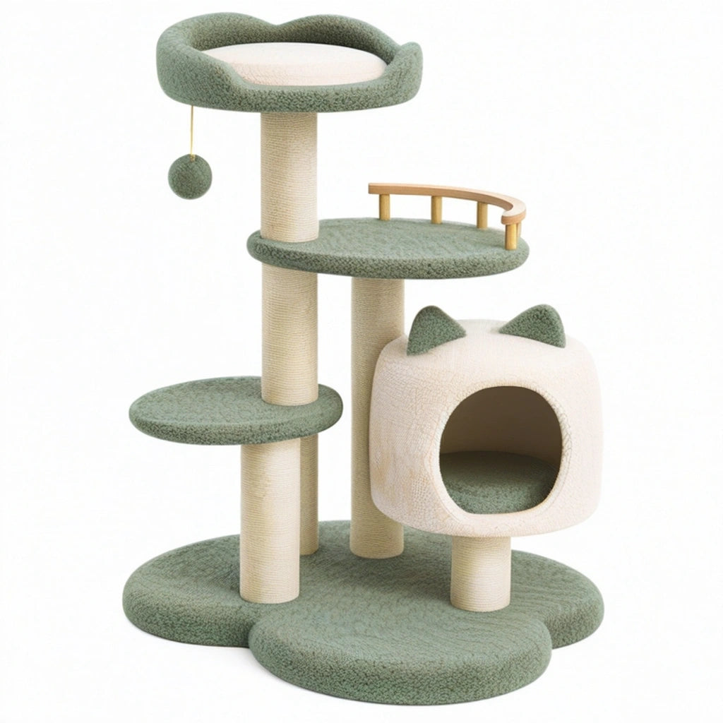 Albero tiragraffi per gatti 60 x 50 x 140 cm in tessuto verde e beige con cuccia e piattaforme