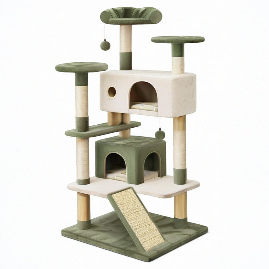 Tiragraffi per gatti 70 x 50 x 150 cm in tessuto e sisal verde e beige con cucce e piattaforme