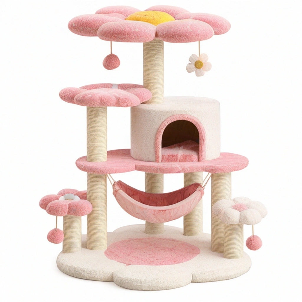 Albero tiragraffi per gatti 80 x 60 x 145 cm in sisal e peluche rosa crema - struttura floreale con cuccia e amaca