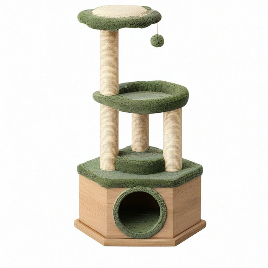 Tiragraffi per gatti 50 x 50 x 120 cm in legno beige e verde con cuccia e colonne in sisal