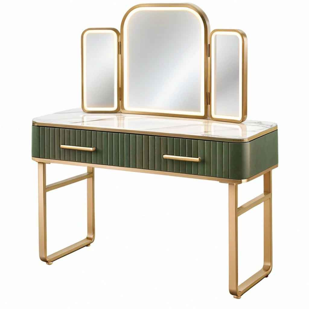 Tavolo da toeletta 120 x 45 x 150 cm con specchio in vetro verde e oro stile moderno