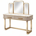 Toeletta 120 x 45 x 145 cm con specchio triplo metallo dorato e piano effetto marmo