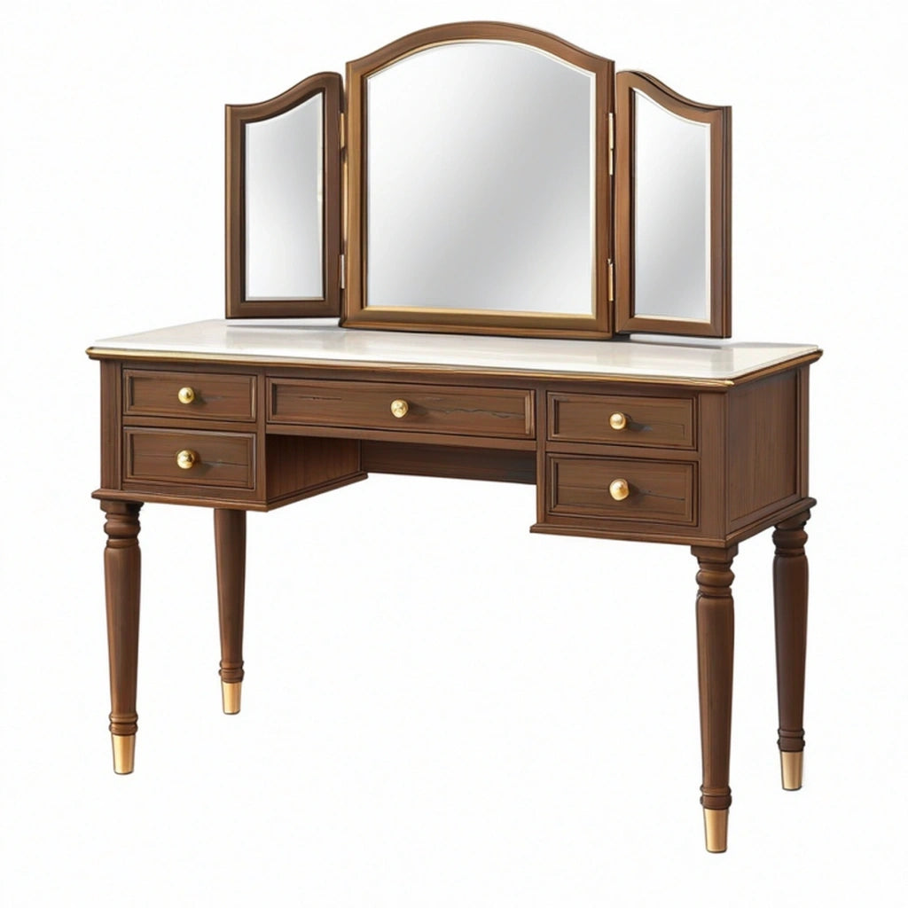 Toeletta 140 cm x 45 cm x 150 cm in legno marrone con specchio triplo e cinque cassetti stile classico