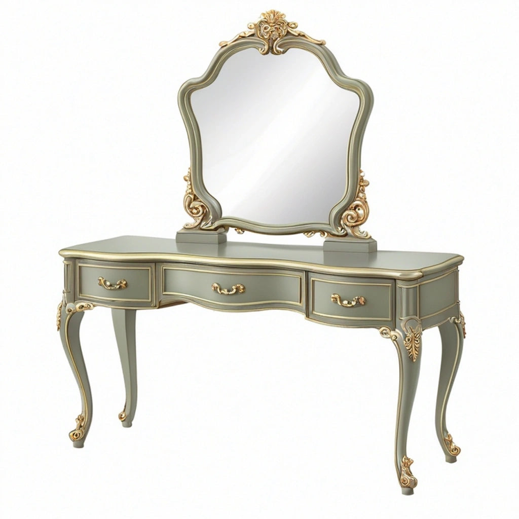 Toeletta con specchio 120 x 45 x 160 cm in legno verde salvia e oro stile classico