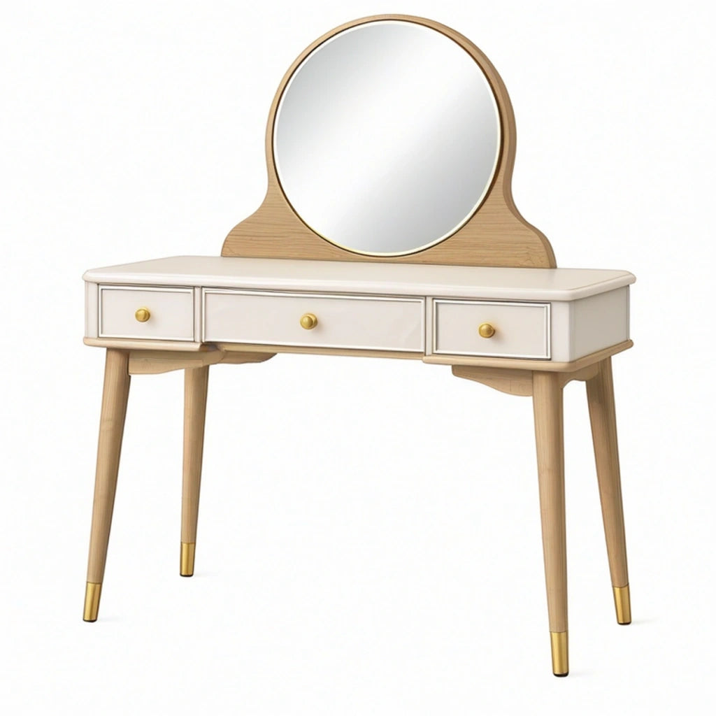 Toeletta 100 x 45 x 145 cm in legno bianco e naturale con specchio e tre cassetti stile moderno