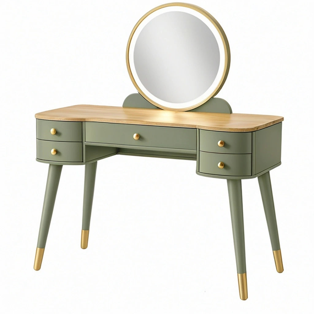 Toeletta con specchio 120 x 45 x 145 cm in legno verde salvia con 5 cassetti stile retrò