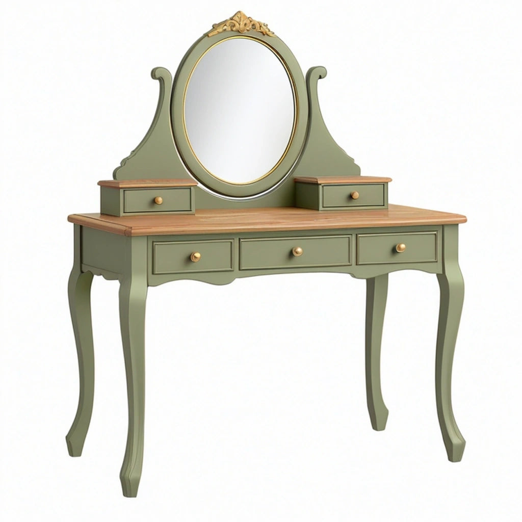 Toeletta 110 x 45 x 150 cm in legno verde salvia con specchio ovale e 5 cassetti stile classico