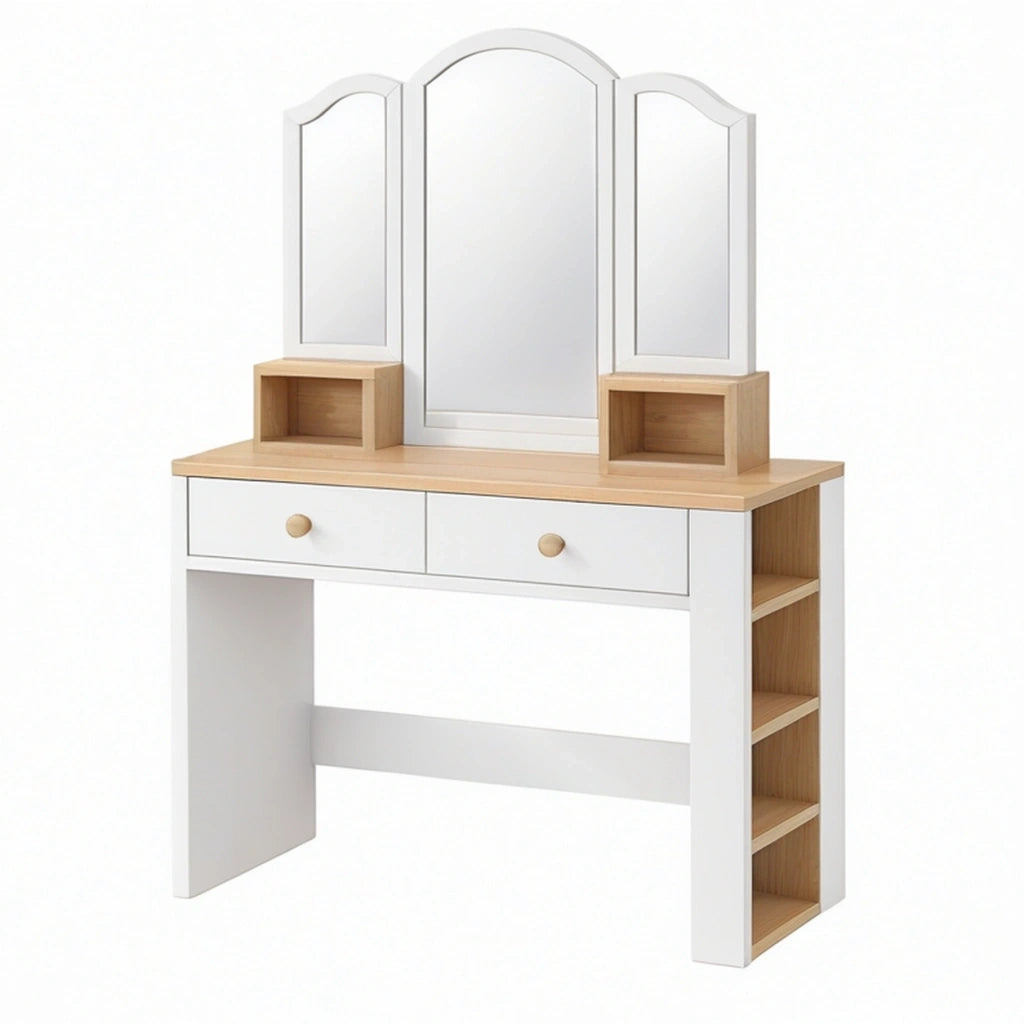 Tavolo da toeletta 120 x 45 x 145 cm in legno bianco e naturale con specchio e ripiani