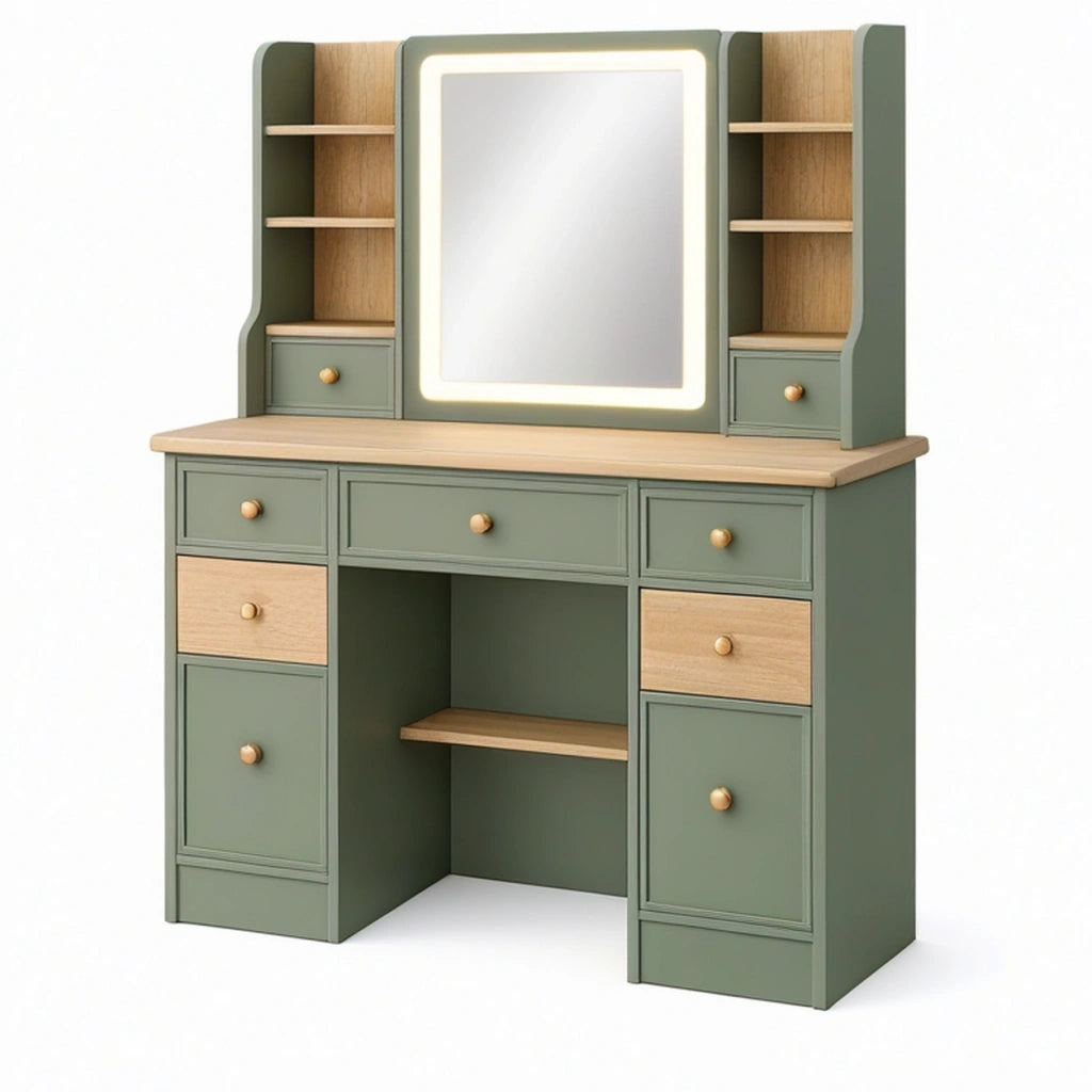 Toeletta 120 x 50 x 180 cm verde salvia e legno con specchio illuminato e cassetti