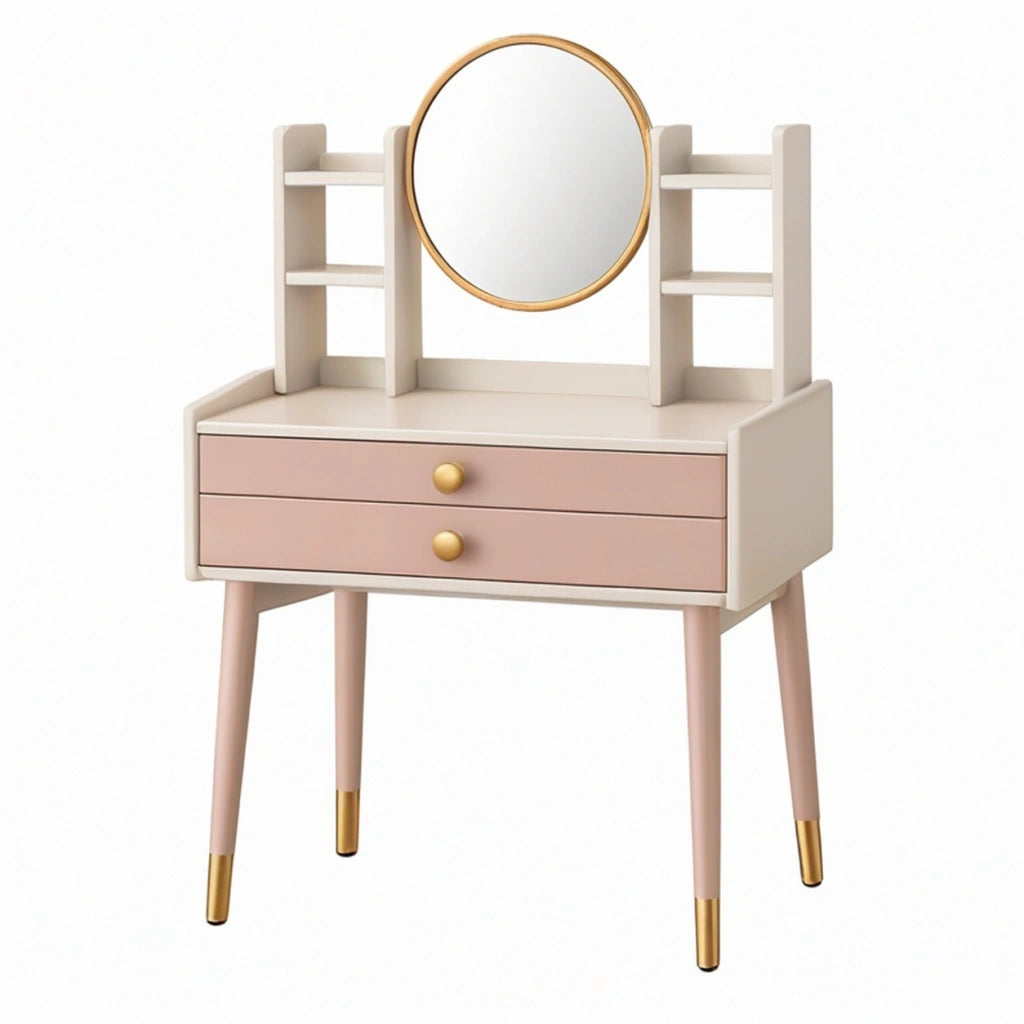 Toeletta con specchio 80 x 40 x 140 cm in legno rosa e bianco con cassetti e ripiani