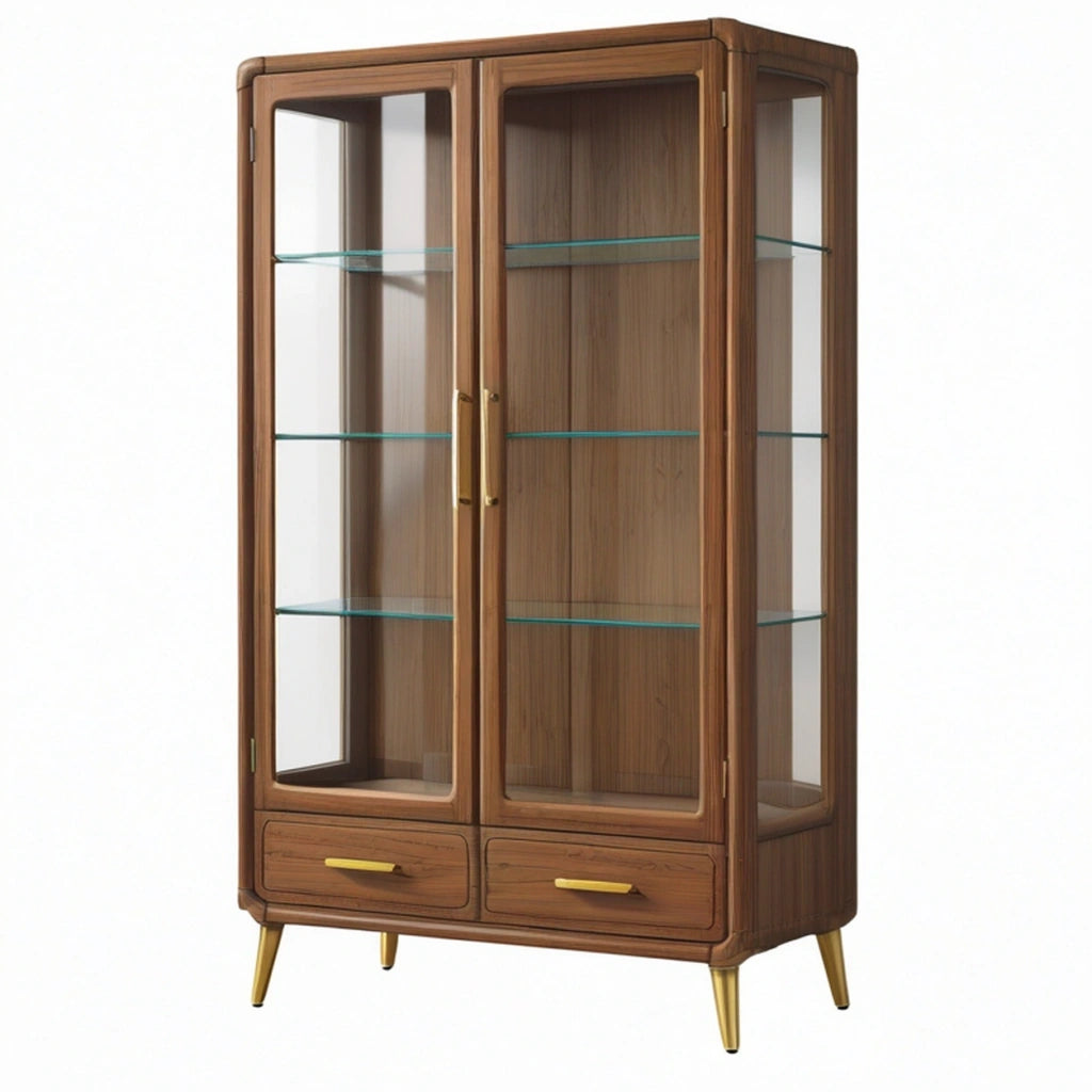 Vetrina 100 x 45 x 180 cm in legno marrone con vetro stile retrò a 2 ante e 2 cassetti