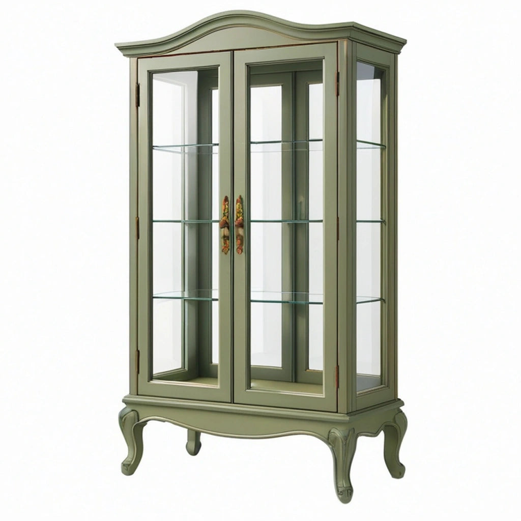 Vetrina 90 x 45 x 180 cm in legno verde salvia con ante in vetro stile classico