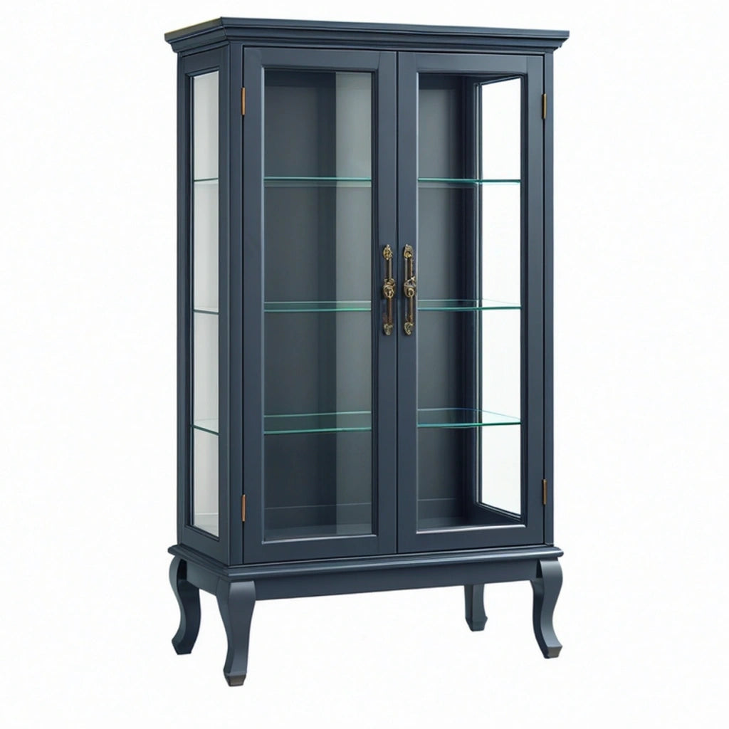 Vetrina 90 x 40 x 180 cm in legno blu scuro con ante in vetro stile classico