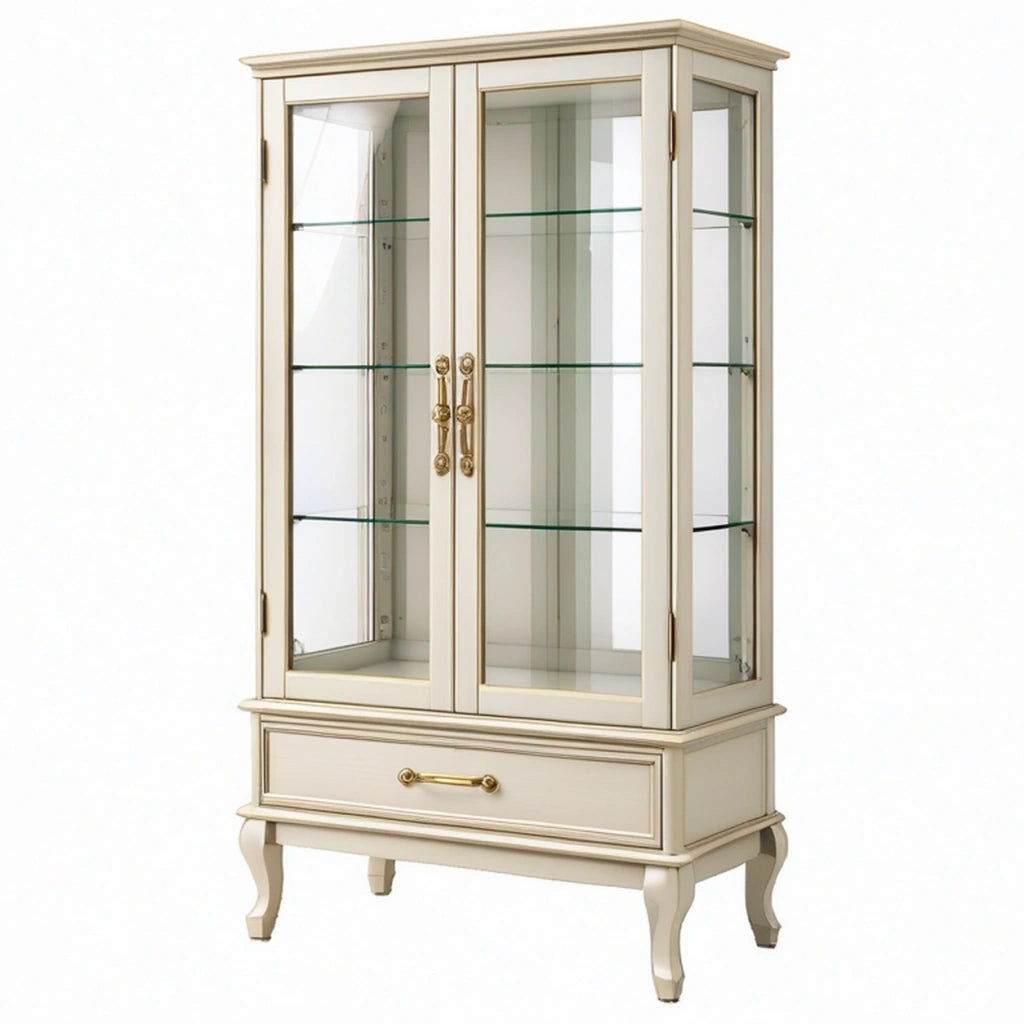 Vetrina 90 x 40 x 180 cm in legno e vetro avorio - mobile espositivo classico con cassetto