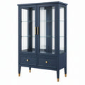 Vetrina 90 x 40 x 180 cm in legno blu navy e vetro per soggiorno stile moderno con cassetti