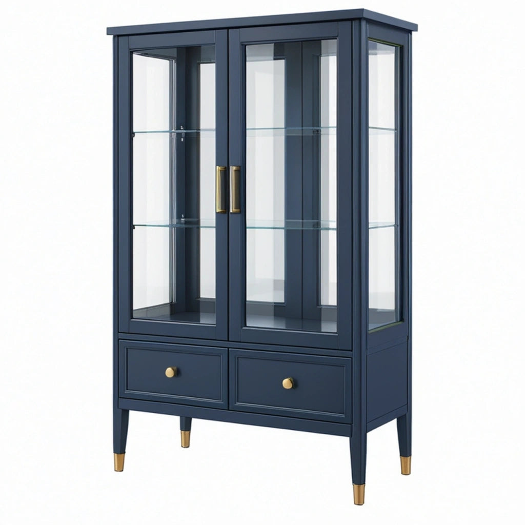 Vetrina 90 x 40 x 180 cm in legno blu navy e vetro per soggiorno stile moderno con cassetti