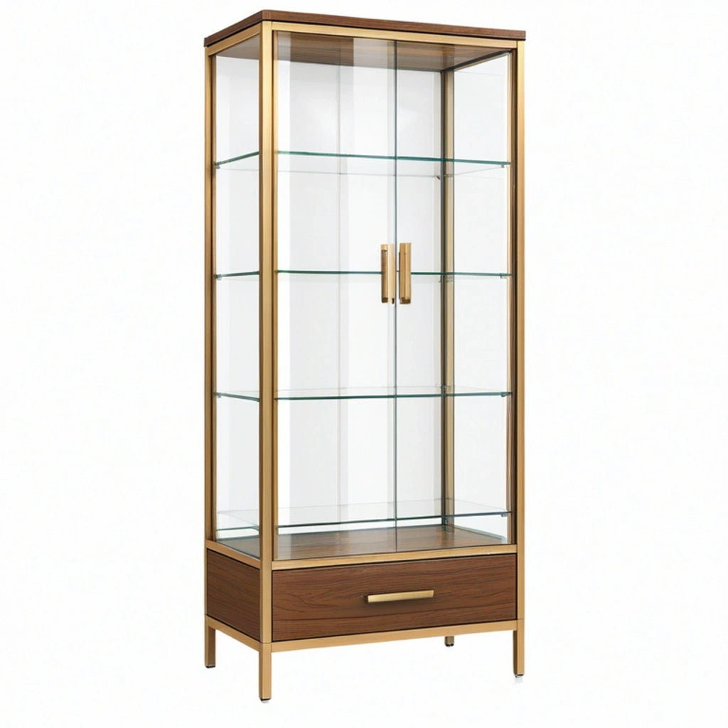 Vetrina 80 x 40 x 180 cm in vetro trasparente marrone e oro con cassetto stile moderno